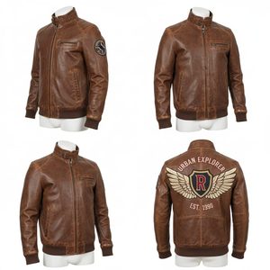 แจ็คเก็ตหนังแท้สีน้ำตาลสไตล์วินเทจ ผ้าแคนวาส ทรงสลิมฟิต สำหรับผู้ชาย สไตล์ไบค์เกอร์ บอมเบอร์  รักษ์โลก  งานปักลายสตรีทแวร์ - Product Image 4