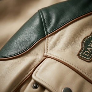 Premium Retro Green Beige Color Block Leather Motorcycle Jacket Men <b>Padded</b> Biker <b>Coat</b> Custom Moto Racing Outerwear Darkry - Product Image 6