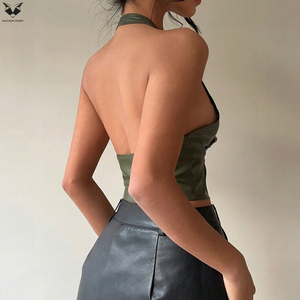 Wholesale Rate Newest Chic Dark Green Faux Leather Knitted Halter Top Sleeveless <b>Belted</b> Waistcoat Biker Inspired Streetwear - Product Image 2