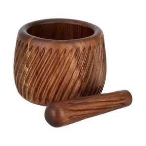 Juego de Mortero y Pilón de Madera Tallada con Ranuras Diagonales, Molinillo de Especias Artesanal, Triturador de Hierbas Manual, Prensa de Ajo, Utensilio de Cocina - Product Image 1