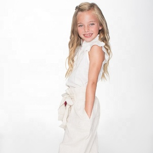 Ensemble en papier Style bohème pour enfants, haut à volants sans manches blanc, confortable, jambes larges, pantalon noué avec poches latérales - Product Image 1