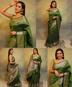 Sari de Seda Verde, Vestido de Boda Tradicional Indio, Estilo Banarasi con Borde Decorado, Largo hasta el Suelo, Ropa para Mujer - Product Image 2