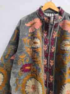 Luxury Slate Grey <b>Velvet</b> Suzani Embroidered <b>Jacket</b> <b>for</b> <b>Women</b> Vintage Floral Motifs Bohemian Ethnic Outerwear Wholesale Export - Product Image 4
