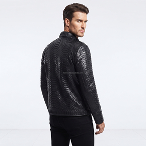 Chaqueta de Moto para Hombre, Negra, de Cuero PU Repujado, Cuello Alto, Cierre de Cremallera, Corte Ajustado, Otoño, Servicio OEM, Logotipo Frontal, Impermeable - Product Image 2
