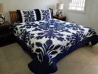 Magnifique ensemble de draps de lit hawaïens brodés à la main, vintage, blanc et bleu, de luxe, lavables, écologiques, 100% coton, pour la maison