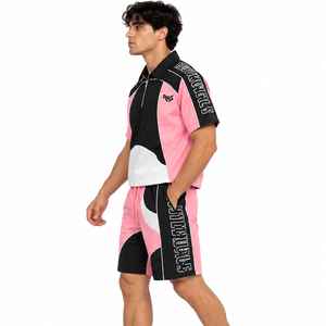 Chaquetas y Pantalones Cortos Colorblock Rosa y Negro para Hombre, Ropa Deportiva Casual con Estampado Personalizado, Pantalones Cortos de Nylon con Cierre, Sudadera con Capucha al por Mayor OEM - Product Image 2