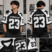 Maillot de football américain noir et blanc unisexe, grande taille, en maille, avec numéro et motif étoile, coupe oversize, streetwear, col en V, respirant
