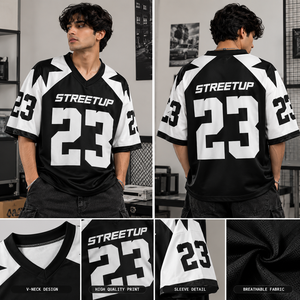 Black White American Football Jersey Unisex Short Plus Size Mesh Tee Number Star Print Oversized Streetwear V Neck Breathable - Product Image 2
