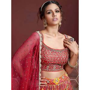 Wedding Wear Plus Size <b>Red</b> Embroidered Chinon <b>Lehenga</b> Choli - Product Image 5