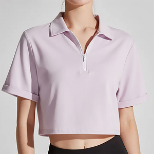 Half <b>zip</b> <b>up</b> style turn over collar Top Grade Custom Logos Slim Styling <b>White</b> Golf Sporty Women Girl Short Sleeves polo shirt - Product Image 4