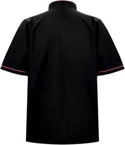Découvrez la veste de chef à manches courtes noire avec bordure rose, fermeture à boutons, uniforme de restaurant pour homme, tissu tissé - Product Image 4