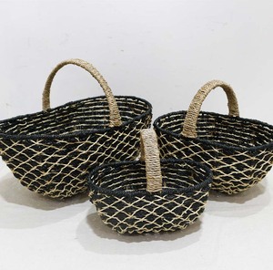 Panier de rangement en jonc de mer noir, panier de pique-nique tissé, panier décoratif fait main - Product Image 4