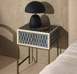 Geometric Pattern Bone Inlay Nightstand With Drawer Metal Base <b>End</b> <b>Table</b> Decorative <b>Storage</b> Cabinet for Luxury Home Interiors - Product Image 1