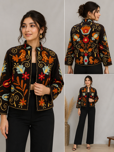 Suzani Style Hand Embroidery Velvet Jacket Women Boho Chic Winter Bomber Handmade Masterpiece Ethnic <b>Needlework</b> Coat Gift Set - Product Image 2