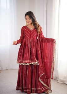 Elegante Conjunto Étnico Indio de Última Moda para Mujer, Traje de Boda Mal Chanderi Listo para Usar, Kurta Sharara Dupatta de Diseñador - Product Image 3
