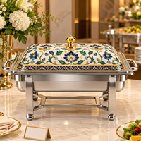 Plat à réchaud rectangulaire de luxe en acier inoxydable avec motif floral émaillé pour buffet