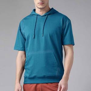 เสื้อสเวตเชิ้ตแขนสั้นมีฮู้ดสีเขียวอมฟ้าสำหรับผู้ชาย ทรงปกติ สีพื้น ผ้าฝ้ายเฟรนช์เทอร์รี่ สวมใส่สบาย ระบายอากาศได้ดี เหมาะสำหรับฤดูร้อน - Product Image 1