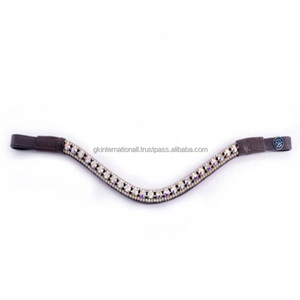 Diadema para caballo de cuero negro inglés con forma de onda profunda personalizada, diseñada con tres filas de cristales brillantes mega bling. - Product Image 1
