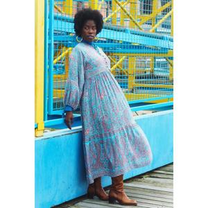 Robe longue bohème pour femme, imprimé cachemire, coupe moderne, manches longues cloche, style caftan vintage, décontractée, plage, 100% lin - Product Image 2