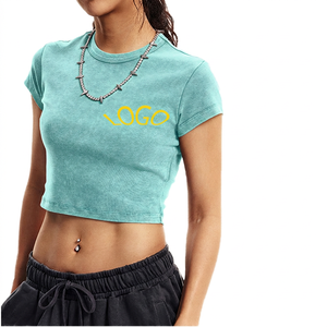 Women's <b>Cropped</b> Crew Neck T-Shirt Solid Color Short Sleeve Knitted Cotton Breathable Casual Front Logo Design - Product Image 4