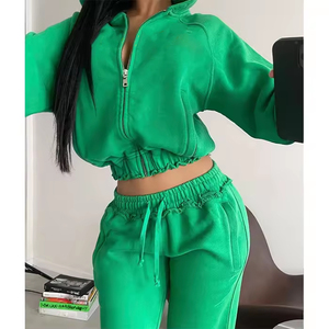 Ensemble de survêtement vert uni pour femmes, sweat-shirt à capuche, manches longues, coupe ample avec poches latérales, taille élastique, style décontracté d'automne - Product Image 2