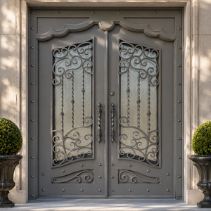 Porte d'entrée double en fer forgé gris avec panneaux en verre et poignées décoratives à motifs pour entrée de villa - Product Image 1