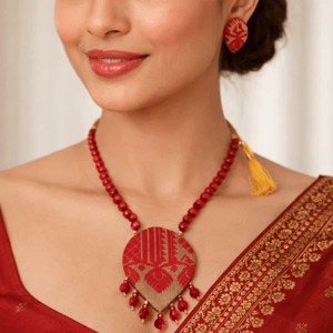 Excellent Quality Gamusa Assamese Traditional Red Muga Silk <b>Necklace</b> Set with <b>Statement</b> Pendant Available At Best Market Price - Product Image 5