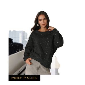 Sudadera de Mujer con Cuello Redondo, Forro de Pana, Algodón y Pedrería, Suave, Cálida, Transpirable, Antiarrugas, Estilo Formal, Vintage - Product Image 4