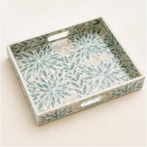Plateau rectangulaire en bois fait main avec incrustation de nacre et mosaïque florale, pour table basse, ottoman, décoration, OEM personnalisé - Product Image 1