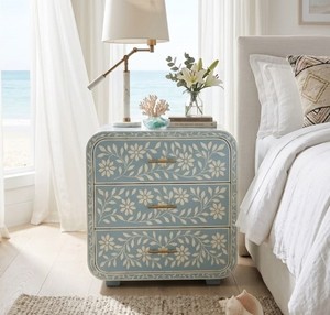 Coastal Style Bone Inlay Bedside <b>Table</b> With 3 <b>Drawers</b> Chic Nightstand Storage Cabinet Resin Inlay <b>Side</b> <b>Table</b> For Bedroom Hotels - Product Image 1