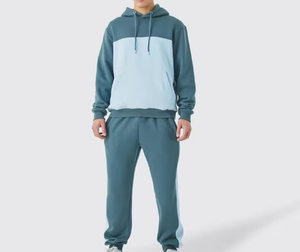 ชุดเซ็ตฮู้ดดี้บล็อกสีสำหรับผู้ชาย ชุดลำลองแบบสปอร์ต ชุดออกกำลังกายสองชิ้น พร้อมโลโก้สั่งทำ - Product Image 1