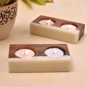 Eco Friendly Wood & Resin <b>Tea</b> <b>Light</b> Holder Rectangular Shape With Two Candle Stand holder For Home Decoration Durable Design - Product Image 2
