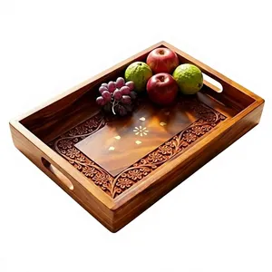 Modern Bamboo Serving Tray Handles Handcrafted Brass Inlay Rectangular Eco-Friendly Breakfast Tea Coffee Snack for Home Kitchen - Product Image 4