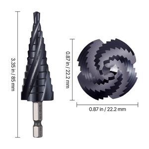 Punta da trapano a gradini in acciaio HSS cobalto da 3/16 e 7/8 pollici, con codolo esagonale da 1/4 di pollice, rivestimento TiAlN, a quattro spirali, multiuso - Product Image 5