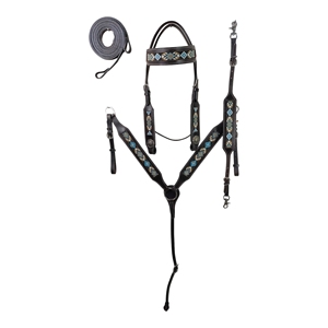Manaal Enterprises - Juego de cabezada y pechera de cuero genuino premium con hebilla ajustable, modelo 05, para equitación western - Product Image 1