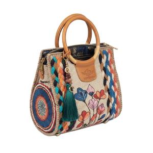 Wholesale Handmade Jute Handbag <b>Women</b> Floral Embroidery Boho <b>Purse</b> Vintage Wooden Handle Tote Bag Luxury Ethnic Fashion OEM ODM - Product Image 1