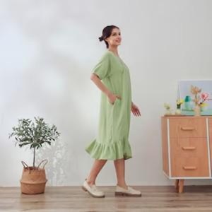 Robe midi vintage en lin biologique, taille haute, respirante, à manches courtes, légère et douce, en gaze, pour l'été, unie, personnalisable - Product Image 1