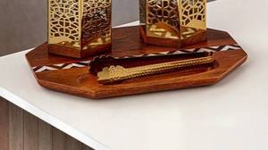 Ensemble de brûleurs d'encens hexagonaux en bois et métal, encensoir de luxe Bakhoor avec incrustation géométrique en métal, pot de rangement et plateau assortis - Product Image 5