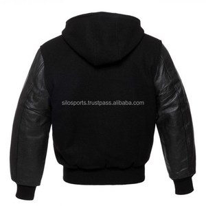 2025 Premium Men's Dark Black Fleece With Black <b>Leather</b> Sleeves Varsity <b>Jacket</b> With Hood Custom-Made Wholesale Varsity <b>Jackets</b> - Product Image 2
