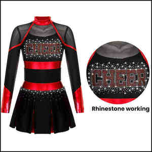 Ensemble d'uniformes de cheerleading personnalisés avec strass, noir et rouge, en spandex et polyester, style jupe, pour adolescentes, tenue de compétition, imprimé pailleté - Product Image 2