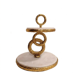 Soporte de Pastel de Dos Niveles con Base de Mármol y Anillo Metálico Dorado, Elegante Bandeja para Exhibición de Cupcakes y Postres, Ideal para Bodas - Product Image 1