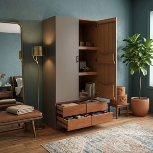 Two Tone Grey Wooden Wardrobe Armoire Solid Teak <b>Storage</b> <b>Cabinet</b> Base Drawers Modern Scandinavian <b>Bedroom</b> Closet Door Organizer - Product Image 4