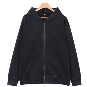Pink Oversized <b>Zip</b>-Up <b>Hoodie</b> Unisex Casual Washed French Terry Sweatshirt Regular Fit Solid Color <b>Pocket</b> Design - Product Image 4
