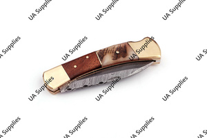 มีดพับสำหรับตั้งแคมป์และล่าสัตว์ ยี่ห้อ UA Supplies ด้ามไม้ทำจากเขาสัตว์ ใบมีดเหล็กดามัสกัสเกรดอุตสาหกรรม แบบ OEM ปลายมีดทรง Drop Point สำหรับพกพา EDC - Product Image 4