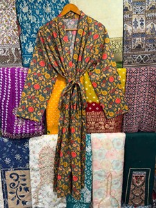 Handmade Cotton Floral Kimono <b>Robe</b>, Oversized Kaftan Dress Sustainable Lounge Wear - Product Image 2