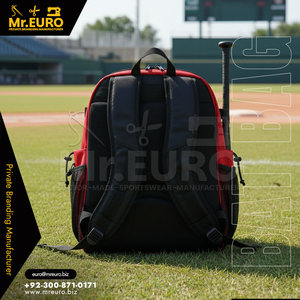 กระเป๋าใส่ไม้เบสบอลโพลีเอสเตอร์สีแดงดำ ยี่ห้อ Mr. Euro Custom Logo & Label  แบบหลายช่องใส่ของ  กระเป๋าเป้สะพายหลังสำหรับกีฬา ผลิตในประเทศปากีสถาน - Product Image 4