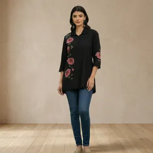 <b>Womens</b> <b>Black</b> Floral Embroidered <b>Shirt</b> Blouse Button Front Three Quarter Sleeve Scalloped Hem Relaxed Fit Casual Fashion Top - Product Image 6