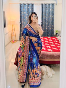 Sari de Seda Estampado Azul de Última Moda para Mujer, Estampado Digital, Largo hasta el Suelo, Ropa Tradicional India Formal para Fiesta - Product Image 5