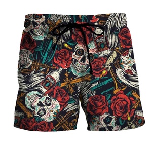 Pantalones cortos de baño con estampado de calavera y rosas para hombre, pantalones cortos de playa de secado rápido, pantalones cortos informales de verano con cordón - Product Image 1