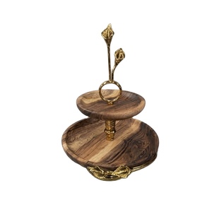 Wholesale Elegant 2-Tier Mango Wood Cake Stand With Gold Tulip Floral <b>Handle</b> Luxury Tiered Dessert Display Tray For Party Hotel - Product Image 1